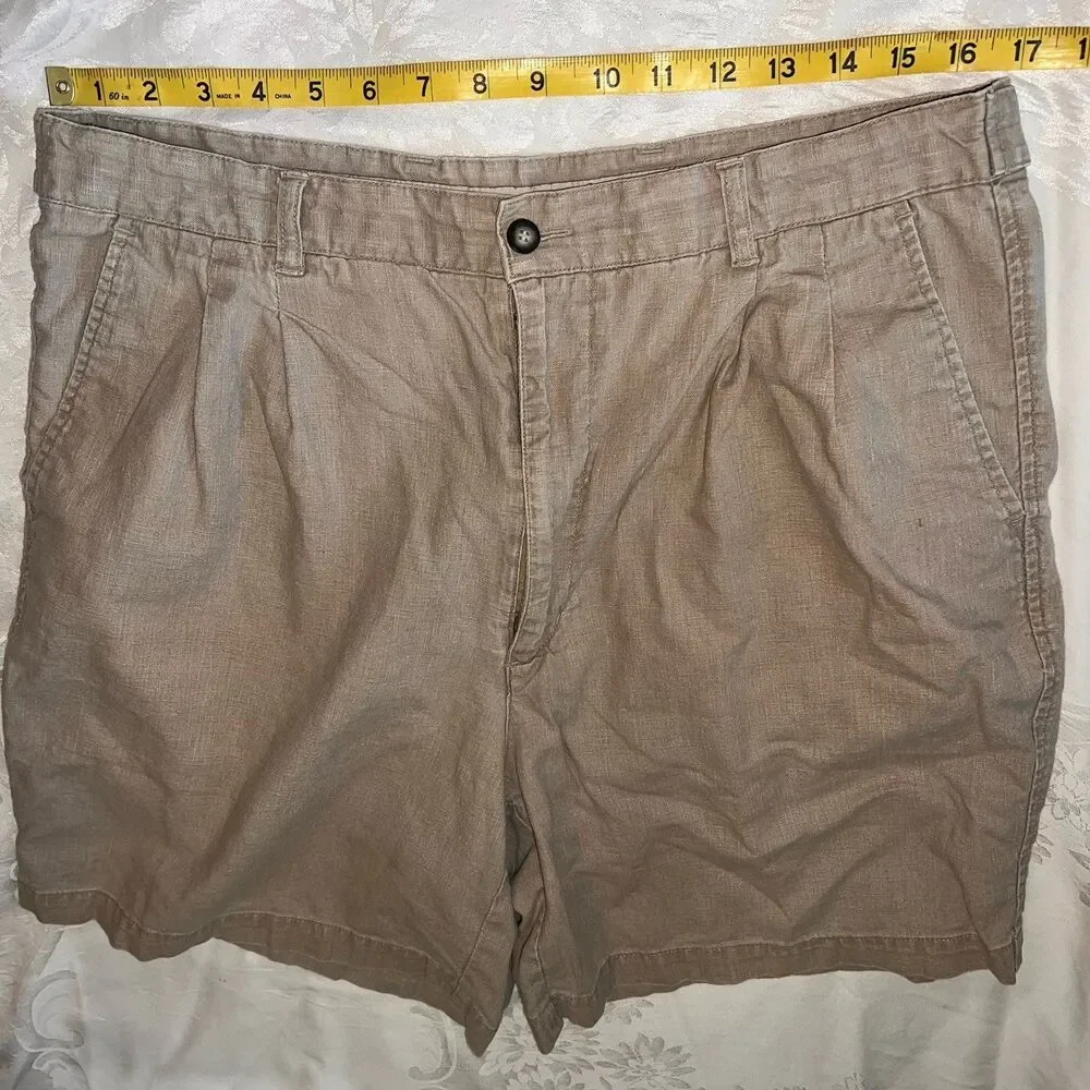 Stanley Blacker Shorts Men's 36 Khaki Tan Linen Blend Adjustable Waist